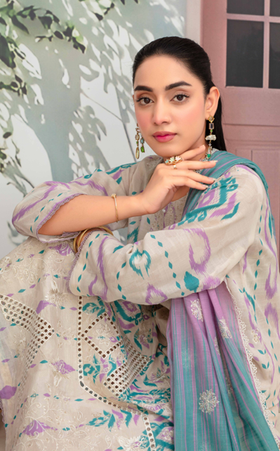 Embroidered slub lawn shirt,Emb printed dupatta, printed trouser