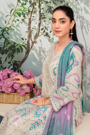 Embroidered slub lawn shirt,Emb printed dupatta, printed trouser