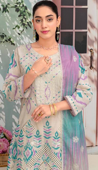 Embroidered slub lawn shirt,Emb printed dupatta, printed trouser