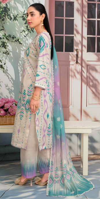 Embroidered slub lawn shirt,Emb printed dupatta, printed trouser