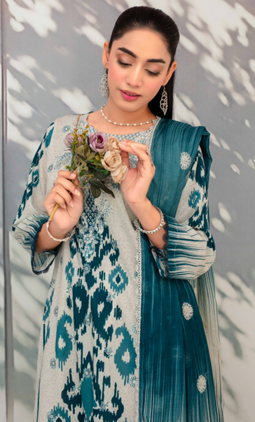 Embroidered slub lawn shirt,Emb printed dupatta, printed trouser