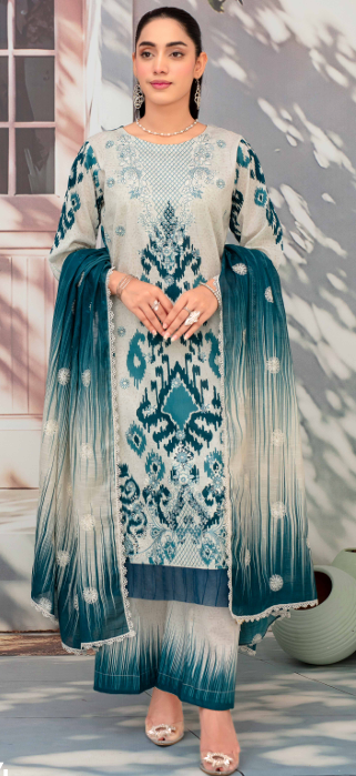 Embroidered slub lawn shirt,Emb printed dupatta, printed trouser