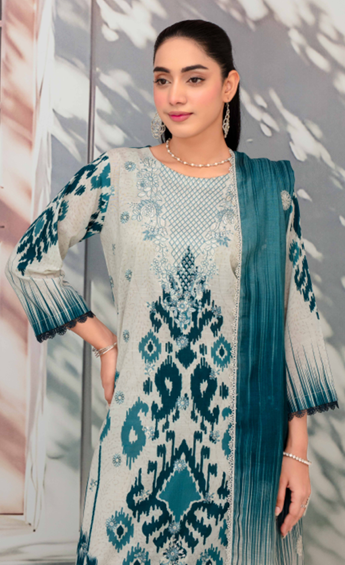 Embroidered slub lawn shirt,Emb printed dupatta, printed trouser