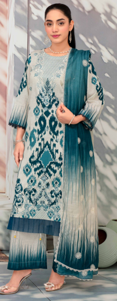 Embroidered slub lawn shirt,Emb printed dupatta, printed trouser