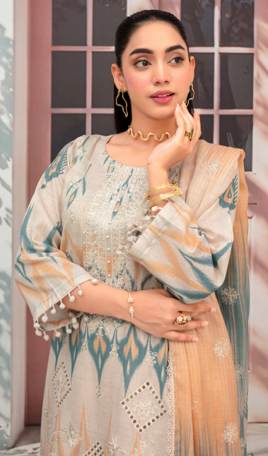 Embroidered slub lawn shirt,Emb printed dupatta, printed trouser