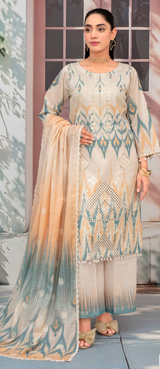 Embroidered slub lawn shirt,Emb printed dupatta, printed trouser