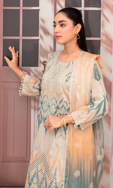 Embroidered slub lawn shirt,Emb printed dupatta, printed trouser
