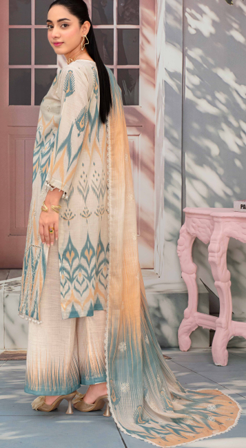 Embroidered slub lawn shirt,Emb printed dupatta, printed trouser