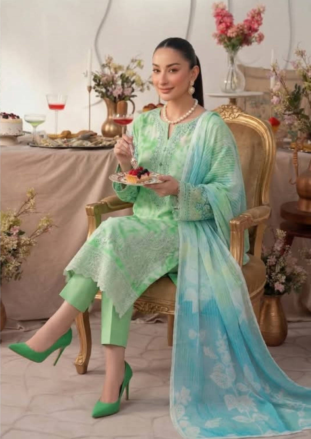 Embroidered Shirt With Daman Patch Print Dupatta, Plain Trouser