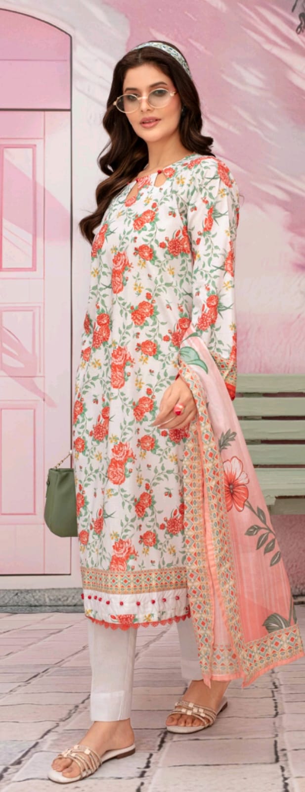 premium lawn printed shirt,lawn printed voile dupatta,plain trouser