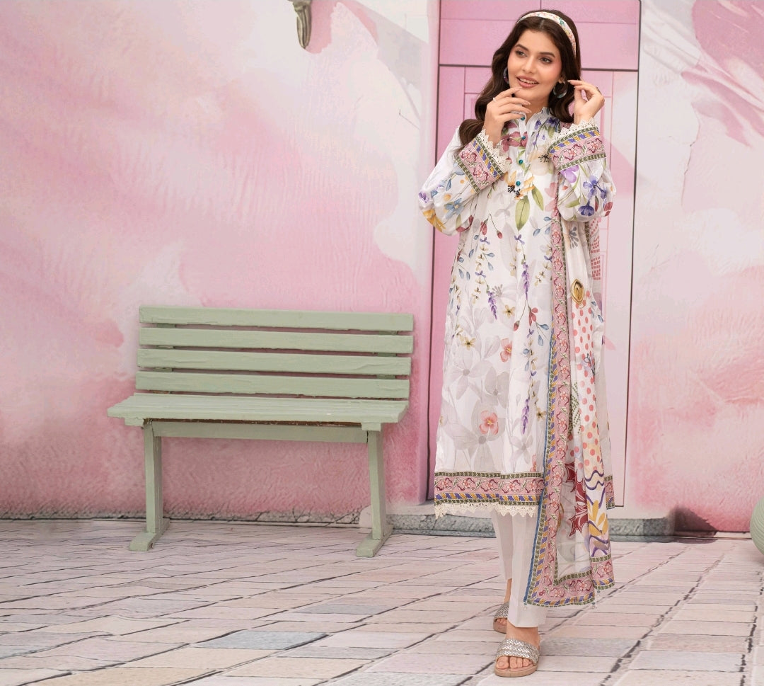 premium lawn printed shirt,lawn printed voile dupatta,plain trouser
