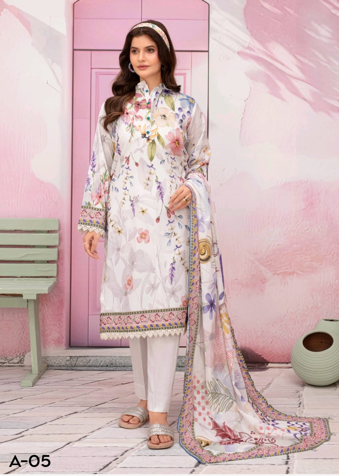 premium lawn printed shirt,lawn printed voile dupatta,plain trouser