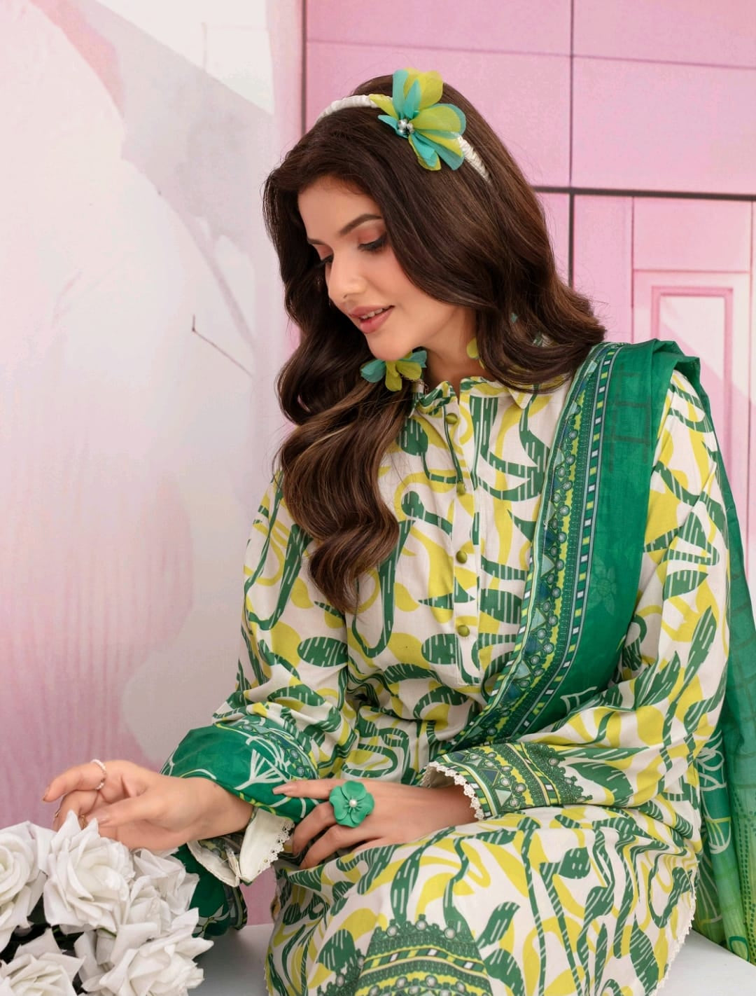 premium lawn printed shirt,lawn printed voile dupatta,plain trouser