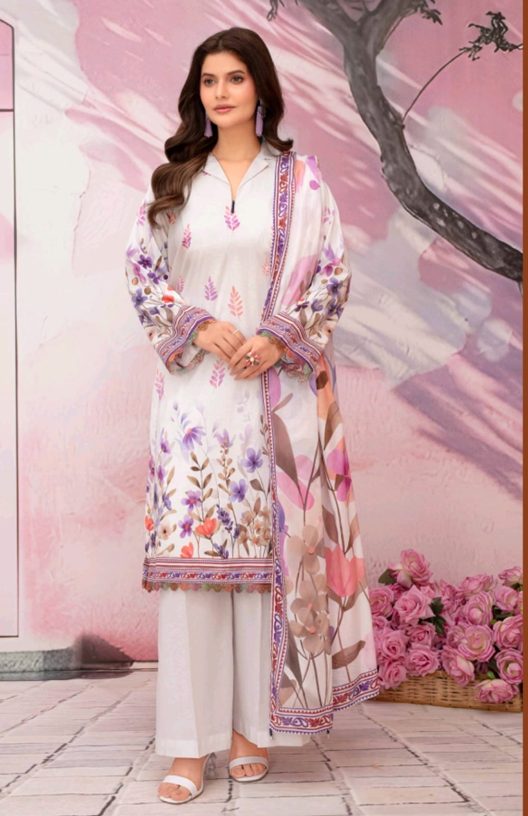 premium lawn printed shirt,lawn printed voile dupatta,plain trouser