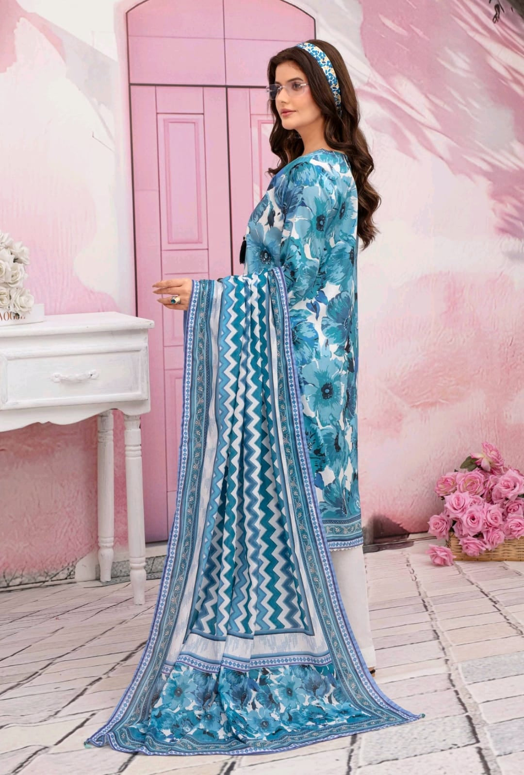premium lawn printed shirt,lawn printed voile dupatta,plain trouser