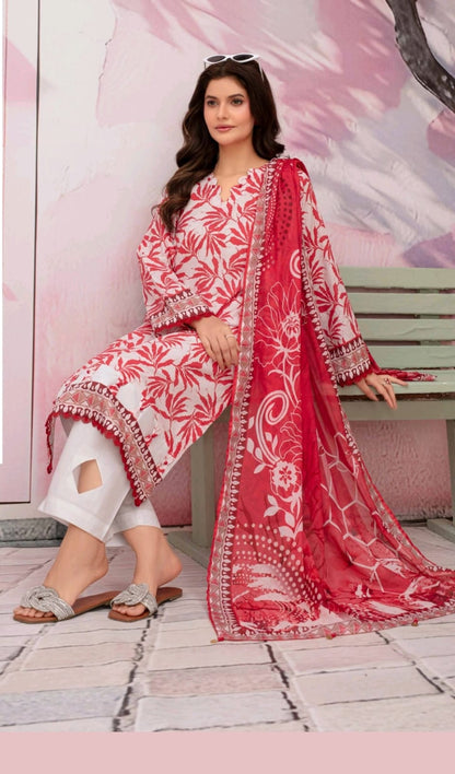 premium lawn printed shirt,lawn printed voile dupatta,plain trouser