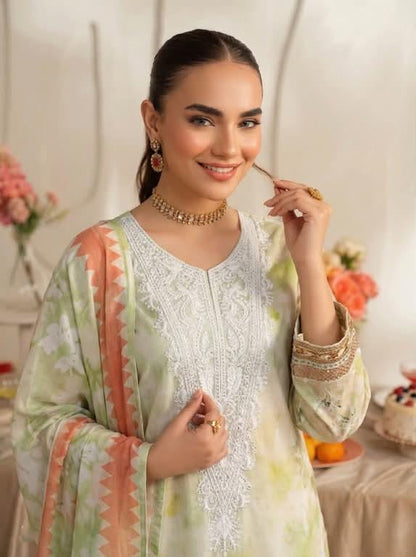Embroidered Shirt With Daman Patch Print Dupatta, Plain Trouser