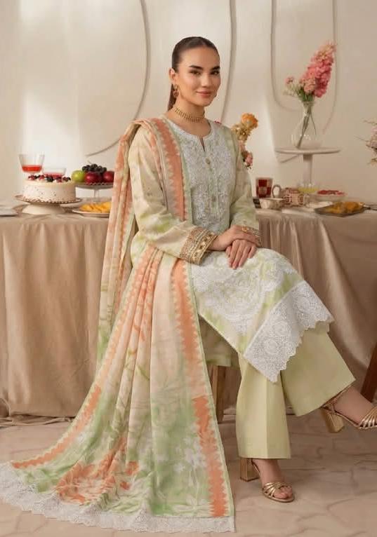Embroidered Shirt With Daman Patch Print Dupatta, Plain Trouser