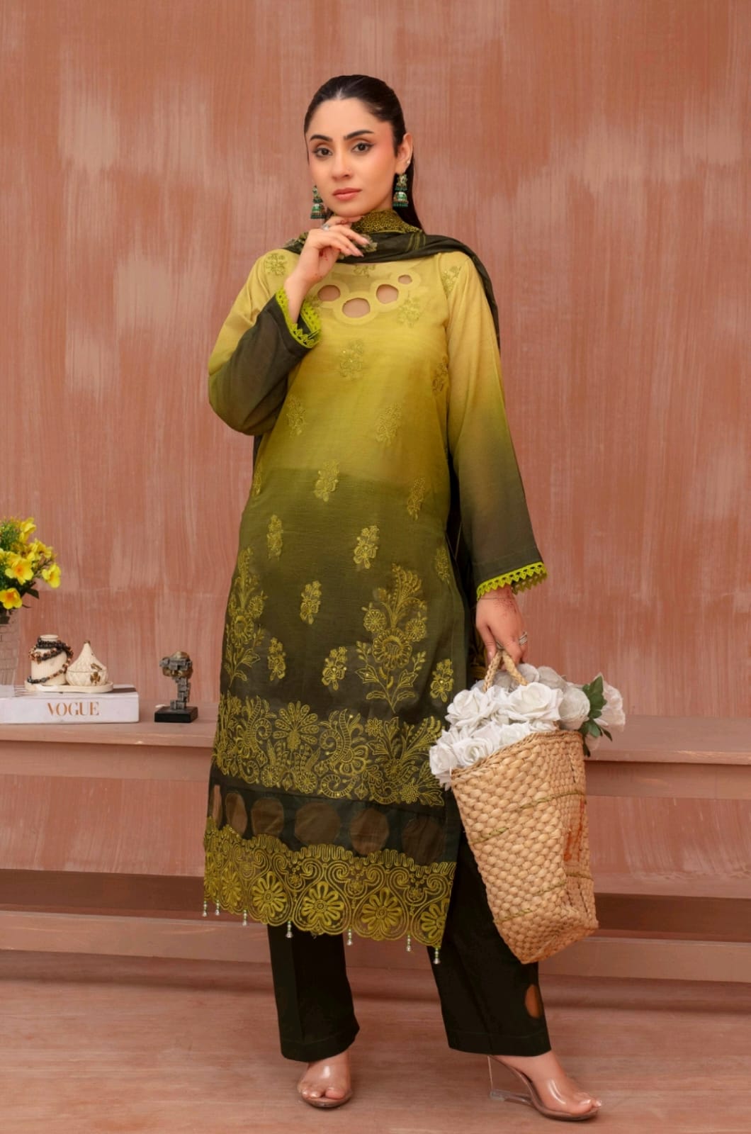 Lawn slub doria tie and dye embroidered shirt,back and fancy work ,printed voile dupatta with comfort trouser