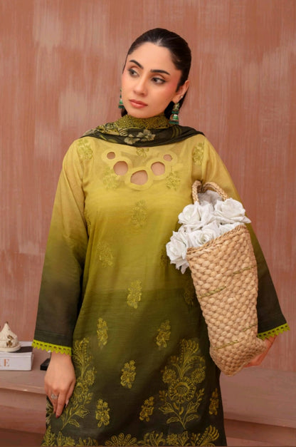 Lawn slub doria tie and dye embroidered shirt,back and fancy work ,printed voile dupatta with comfort trouser