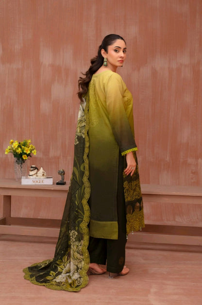 Lawn slub doria tie and dye embroidered shirt,back and fancy work ,printed voile dupatta with comfort trouser