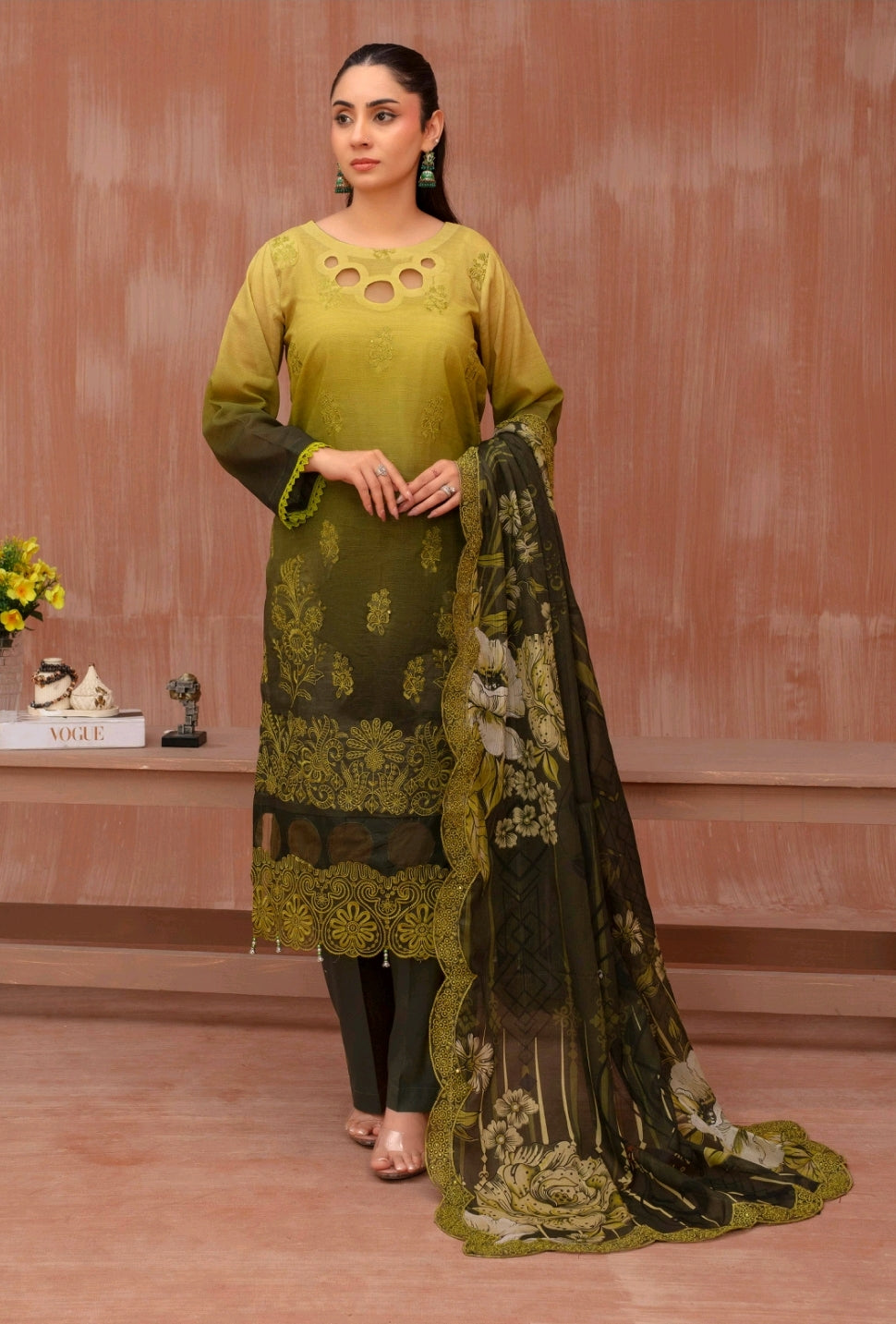 Lawn slub doria tie and dye embroidered shirt,back and fancy work ,printed voile dupatta with comfort trouser