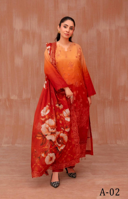 Lawn slub doria tie and dye embroidered shirt,back and fancy work ,printed voile dupatta with comfort trouser