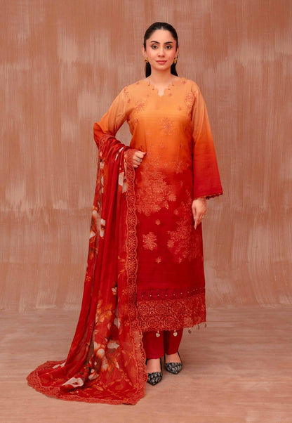 Lawn slub doria tie and dye embroidered shirt,back and fancy work ,printed voile dupatta with comfort trouser