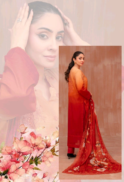 Lawn slub doria tie and dye embroidered shirt,back and fancy work ,printed voile dupatta with comfort trouser