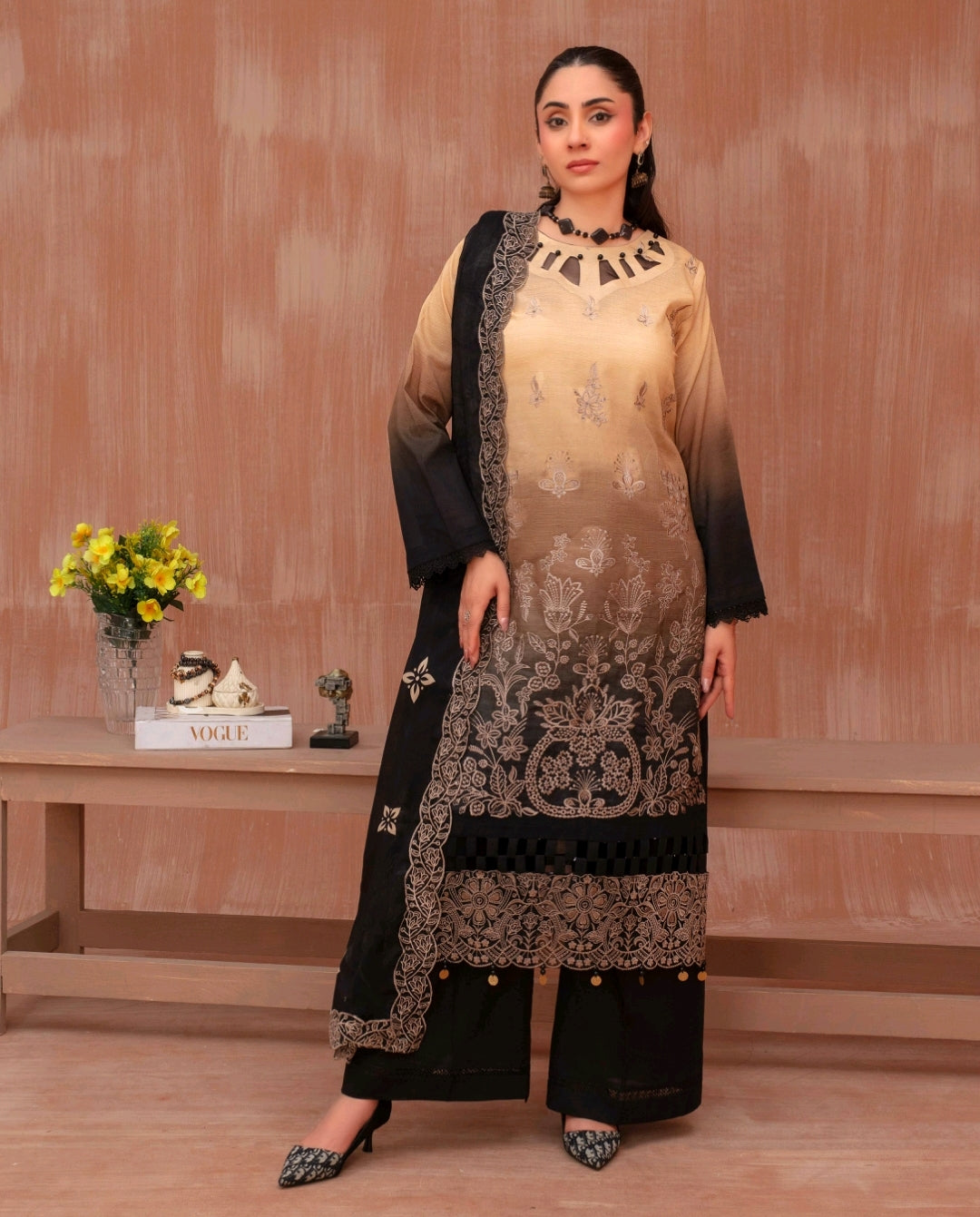 Lawn slub doria tie and dye embroidered shirt,back and fancy work ,printed voile dupatta with comfort trouser