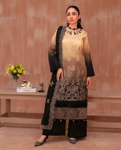 Lawn slub doria tie and dye embroidered shirt,back and fancy work ,printed voile dupatta with comfort trouser