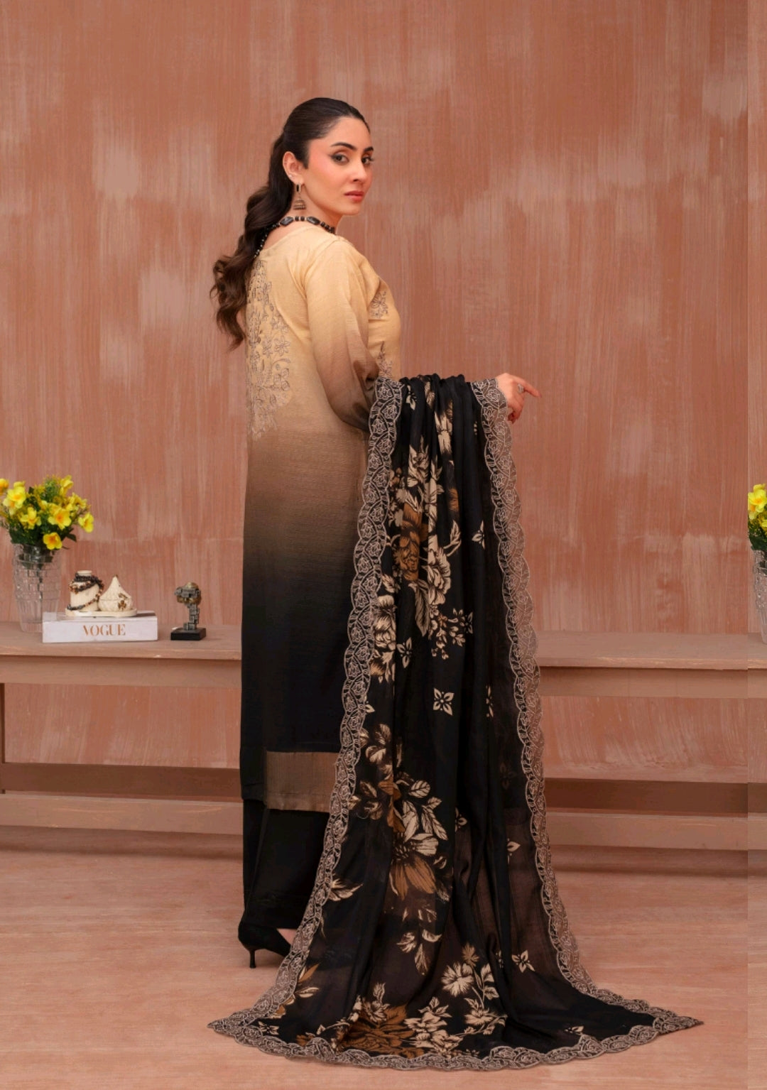Lawn slub doria tie and dye embroidered shirt,back and fancy work ,printed voile dupatta with comfort trouser