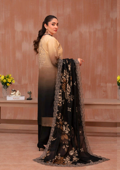 Lawn slub doria tie and dye embroidered shirt,back and fancy work ,printed voile dupatta with comfort trouser