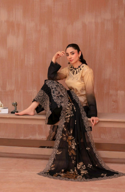 Lawn slub doria tie and dye embroidered shirt,back and fancy work ,printed voile dupatta with comfort trouser