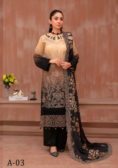 Lawn slub doria tie and dye embroidered shirt,back and fancy work ,printed voile dupatta with comfort trouser