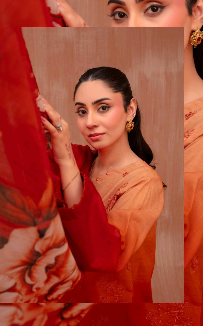 Lawn slub doria tie and dye embroidered shirt,back and fancy work ,printed voile dupatta with comfort trouser