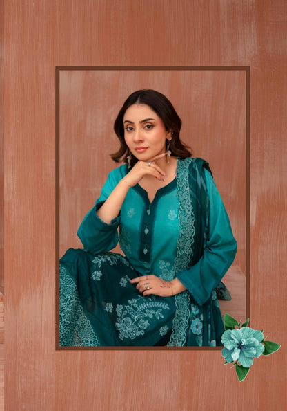Lawn slub doria tie and dye embroidered shirt,back and fancy work ,printed voile dupatta with comfort trouser