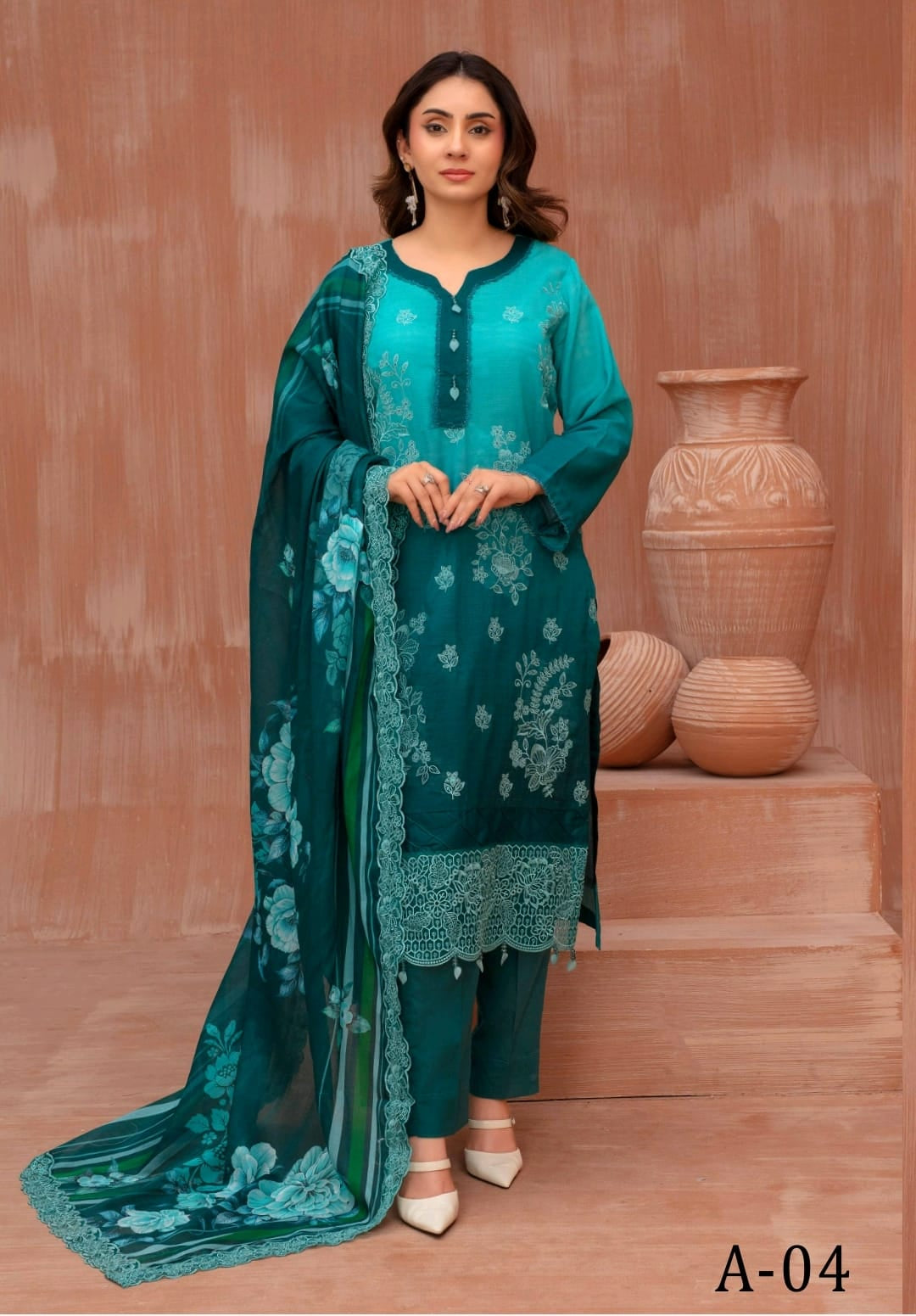 Lawn slub doria tie and dye embroidered shirt,back and fancy work ,printed voile dupatta with comfort trouser