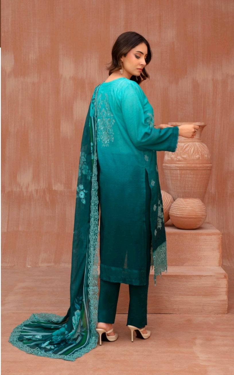 Lawn slub doria tie and dye embroidered shirt,back and fancy work ,printed voile dupatta with comfort trouser