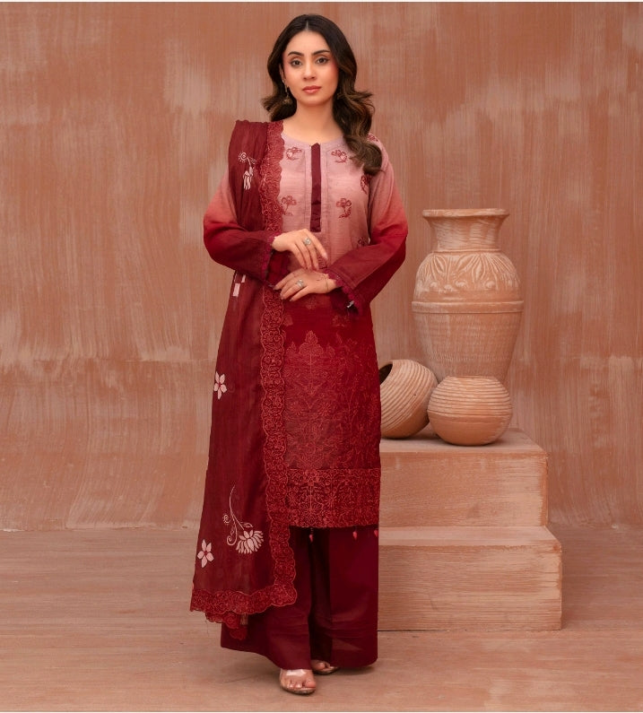 Lawn slub doria tie and dye embroidered shirt,back and fancy work ,printed voile dupatta with comfort trouser