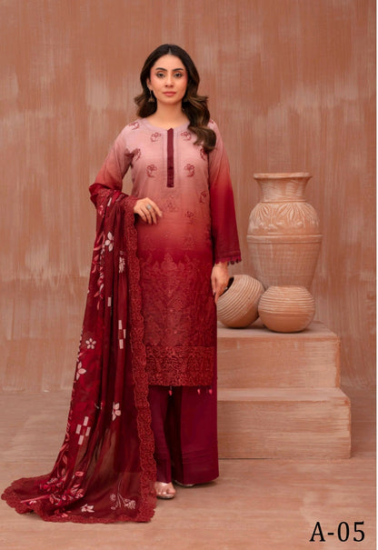 Lawn slub doria tie and dye embroidered shirt,back and fancy work ,printed voile dupatta with comfort trouser