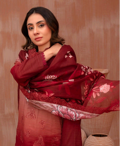Lawn slub doria tie and dye embroidered shirt,back and fancy work ,printed voile dupatta with comfort trouser