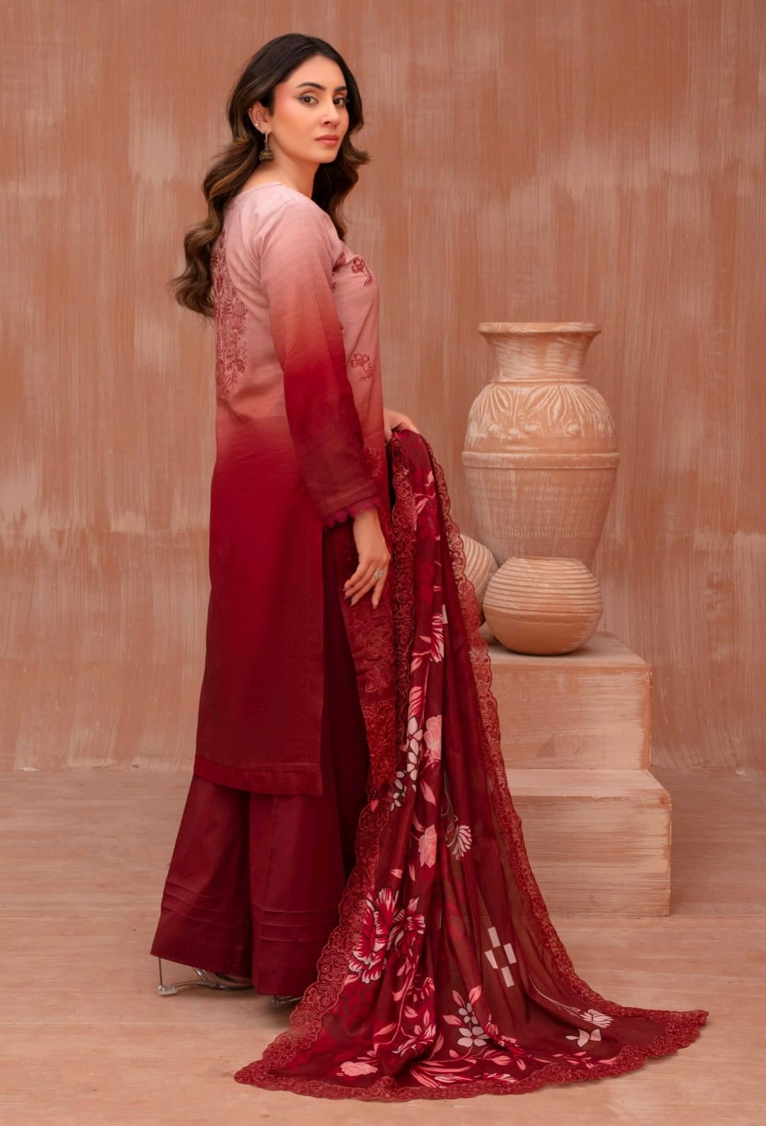 Lawn slub doria tie and dye embroidered shirt,back and fancy work ,printed voile dupatta with comfort trouser