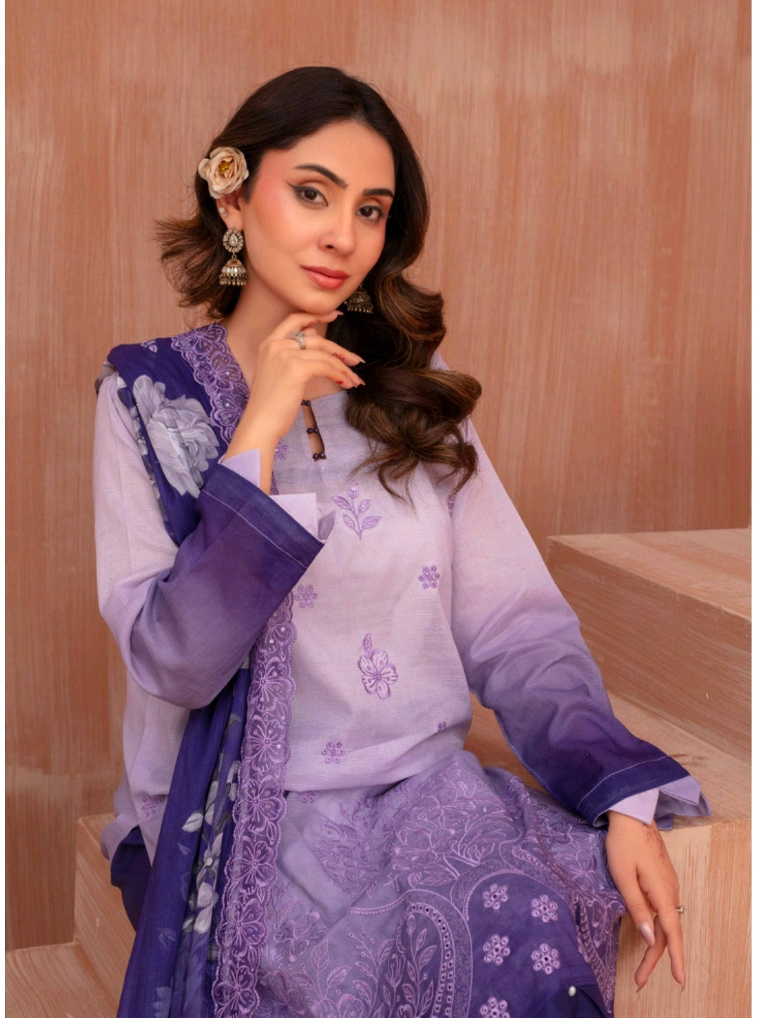 Lawn slub doria tie and dye embroidered shirt,back and fancy work ,printed voile dupatta with comfort trouser