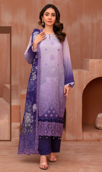 Lawn slub doria tie and dye embroidered shirt,back and fancy work ,printed voile dupatta with comfort trouser