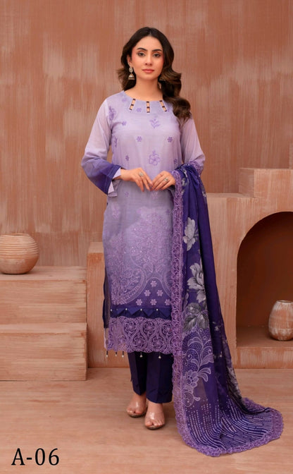 Lawn slub doria tie and dye embroidered shirt,back and fancy work ,printed voile dupatta with comfort trouser