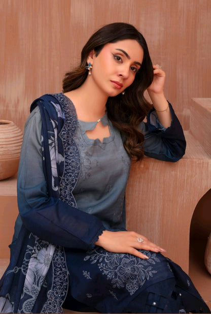 Lawn slub doria tie and dye embroidered shirt,back and fancy work ,printed voile dupatta with comfort trouser