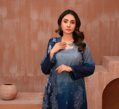 Lawn slub doria tie and dye embroidered shirt,back and fancy work ,printed voile dupatta with comfort trouser