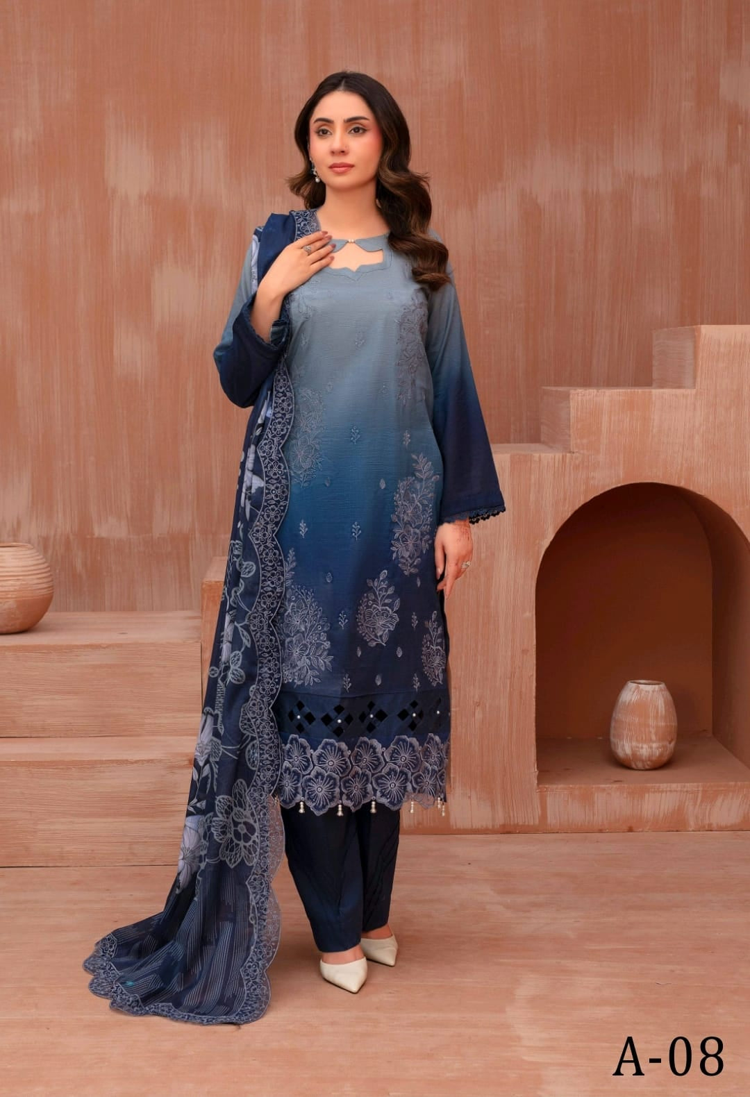 Lawn slub doria tie and dye embroidered shirt,back and fancy work ,printed voile dupatta with comfort trouser