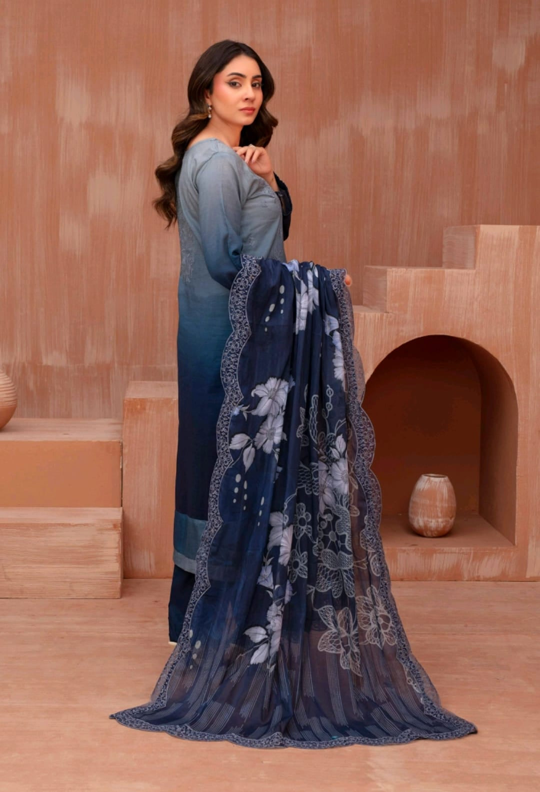 Lawn slub doria tie and dye embroidered shirt,back and fancy work ,printed voile dupatta with comfort trouser